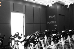 A spin cycle studio with acoustic panels